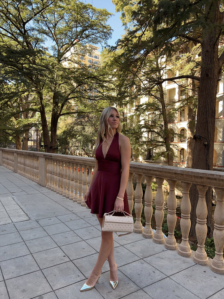 Burgundy Halter Satin Dress